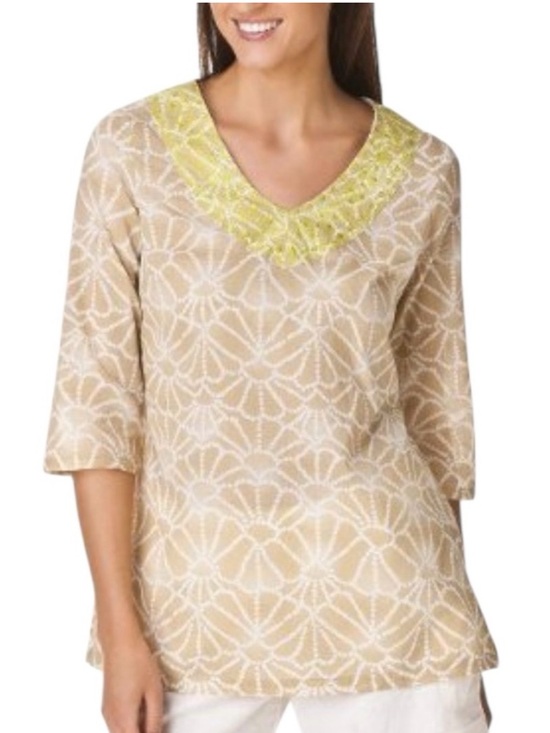 Calypso St. Barth Tops - NEW Calypso St. Barth Light Tan and White Print V-Neck 3/4 Sleeve Tunic Top